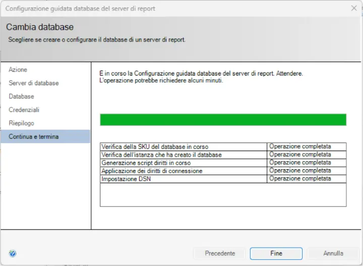 configurazione database SSRS