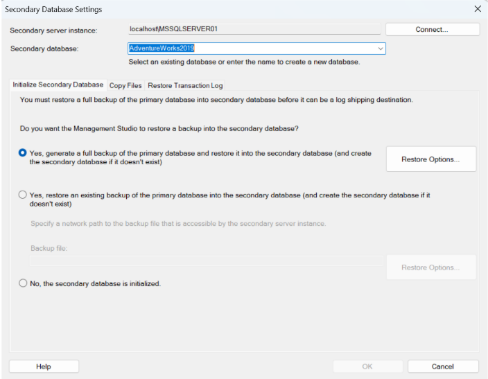 Secondary database seting