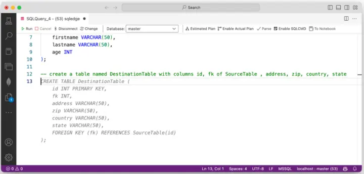igura 3 – Creazione della tabella DestinationTable, specificando il solo nome dei campi 